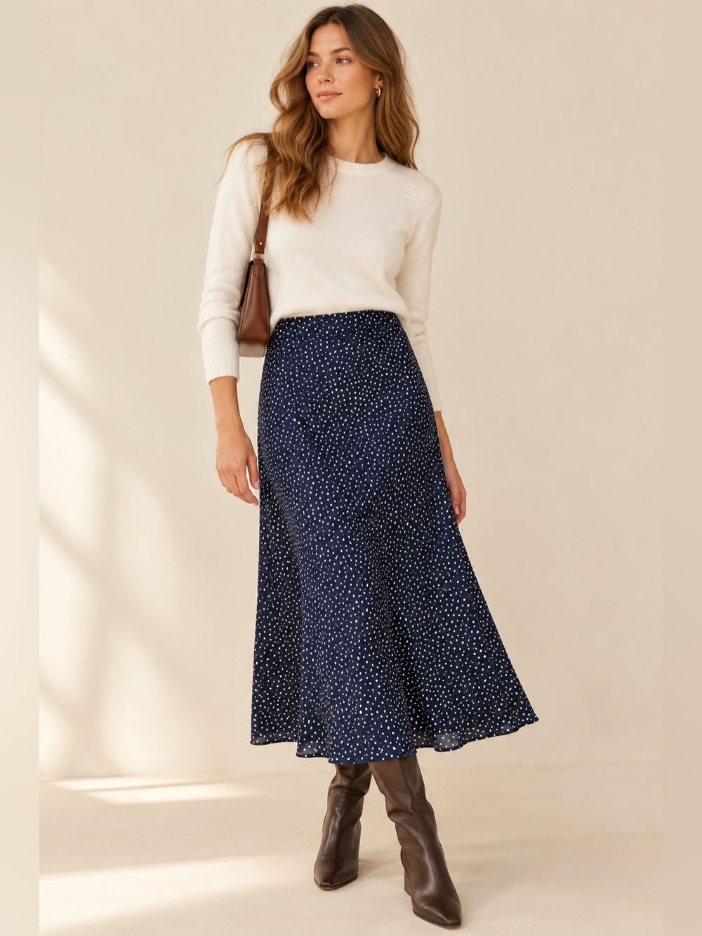 J.Crew Navy White Dot Satin A-Line Midi Slip Skirt